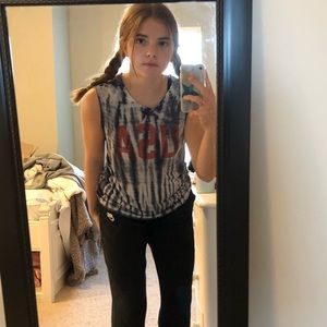 blue and white tie-die tank top with USA in red